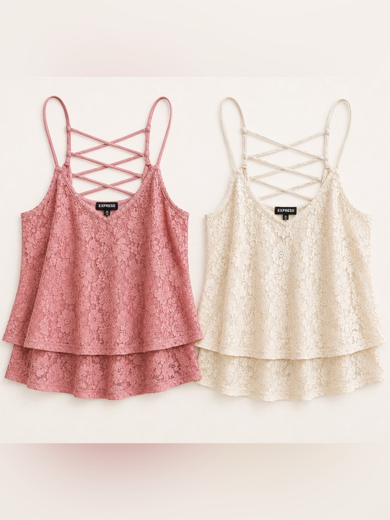 Express Tops - Express Lace Tiered Strappy-Back Camisole Bundle Rose Cream S